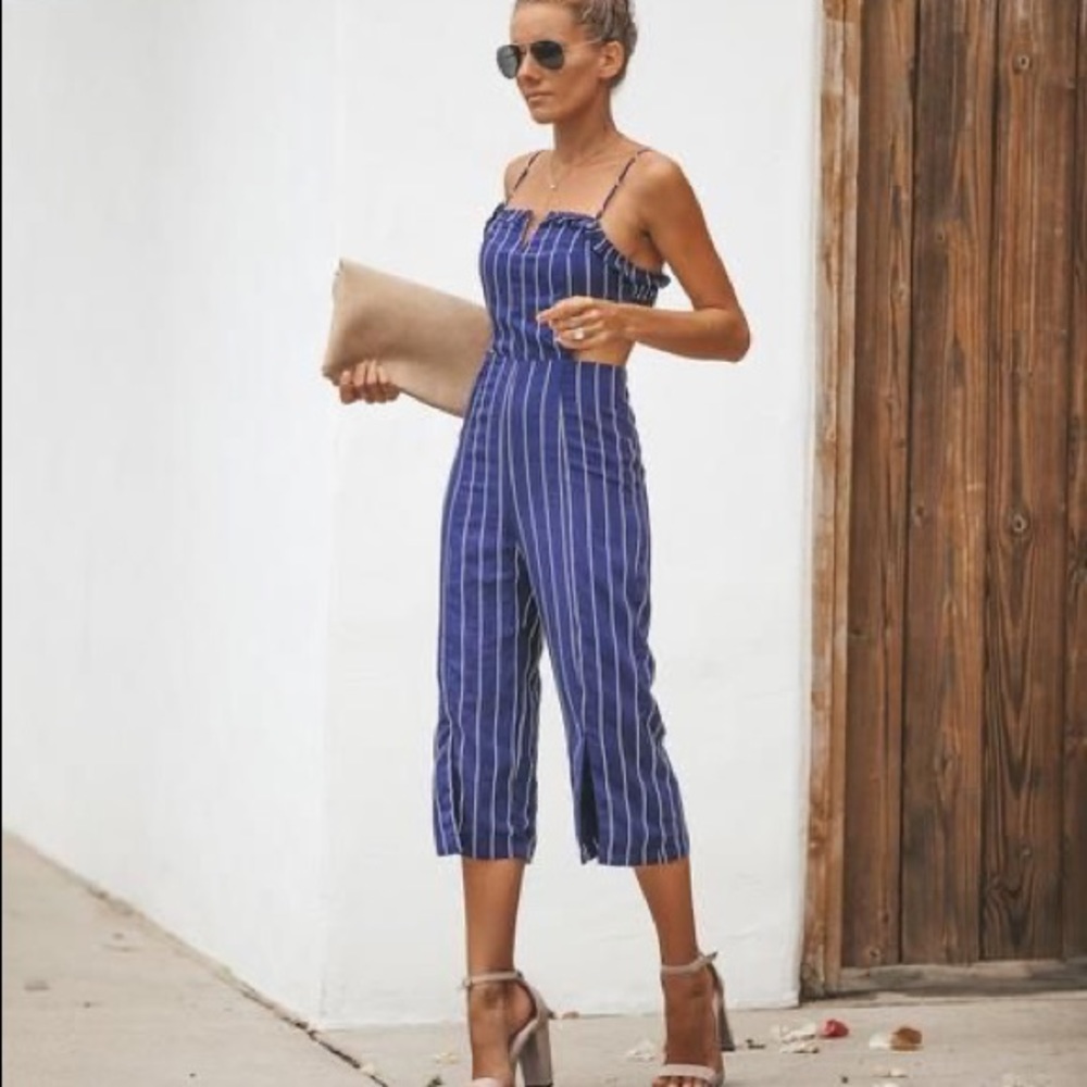 Navy striped cut out jumpsuit